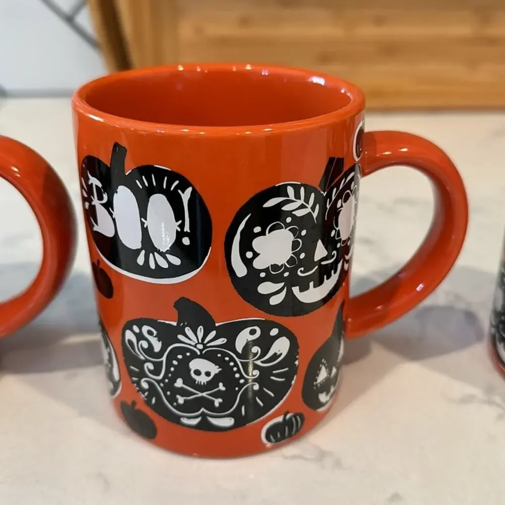 Crate & Barrel Halloween mugs BOO PUMPKINS Orange Black 14 oz x3